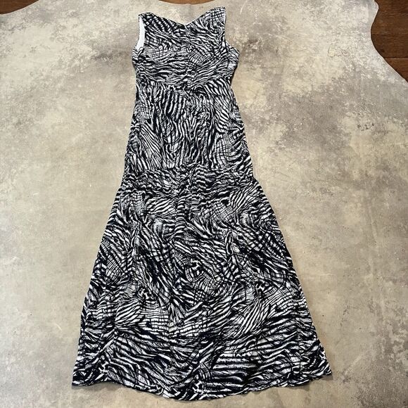 Anthropologie Dress Womens 8 V-Neck Ruched Front Slit Maxi Long Black Printed - Picture 6 of 11